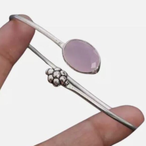 NWOT Pink Chalcedony Art Piece 925 Silver Plated Bangle/Bracelet of Free Size - Picture 3 of 16